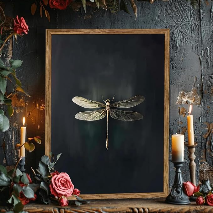 Dark Academia Dragonfly Wall Art Vintage Bug Wall Decor Pictures Whimsical Nature Insect Poster Canvas Print Moody Dragonfly Painting Artwork for Bedroom Living Room 16x24 inch Wood Framed