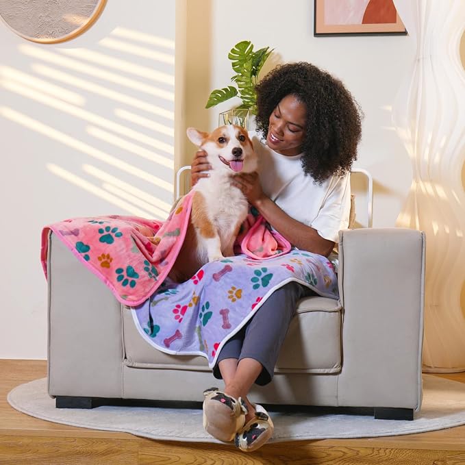 Luciphia 1 Pack 3 Blankets Fluffy Premium Fleece Pet Blanket Flannel Paw Bone Printed Throw for Dog Cat(Small 23x16'', Purple/Pink/White) | Washable Throw Blanket for Crate, Couch, Bed, Travel. Cute Paw & Bone Print. Puppy Essential, Dog Gift,Purple/Pi...