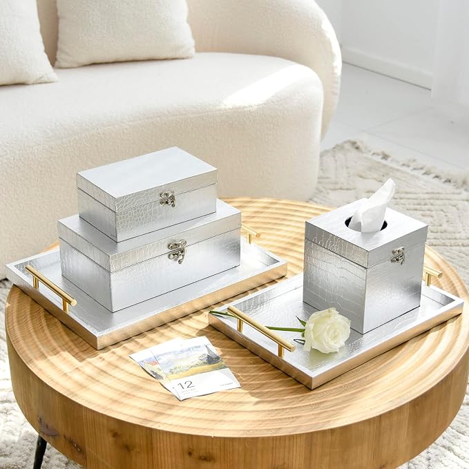 Set of 2 Wooden Decorative Nesting Storage Boxes, Silver Crocodile Leather with Clasp for Home Kitchen Living Room, Ideal Gift for Wedding Memories Jewelry Trinket