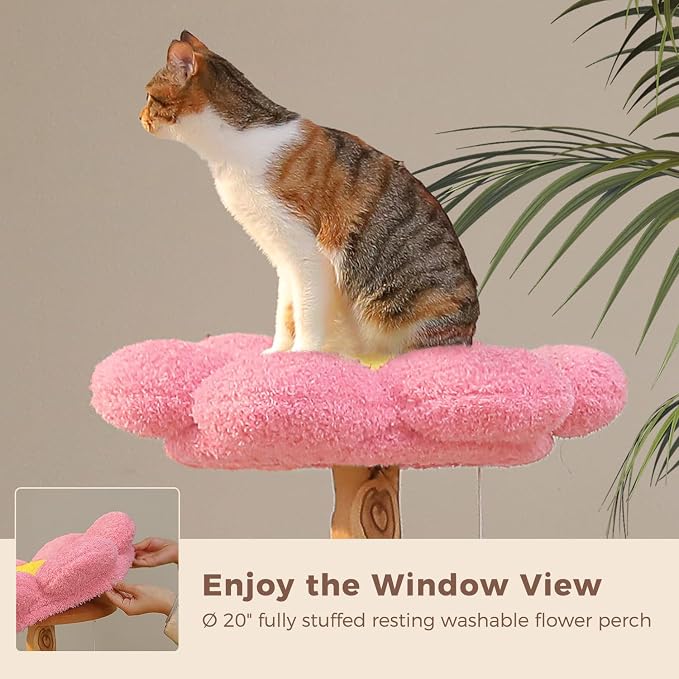 MUTTROS Flower Wood Cat Tree, 53.5" Modern Cat Tower with 2 Condos | Natural solid wood scratching post, durable 2 condos and forest-style design for indoor and multi-cat households