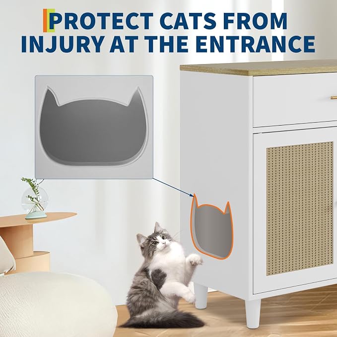 Cat Litter Box Enclosure, Wood Cats Litter Box with 2 Doors, Hidden Pet Storage Cabinet Furniture with Scratching Pad, Modern Cat Cabinet for Living Room, Entryway, White