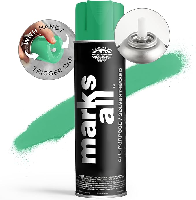 Fox Valley 18oz Marks All Solvent-Based Marking Paint Spray, 12-Pack Green APWA – Long-Lasting, Weather-Resistant Spray Paint for Wet or Dry Surfaces Like Metal, Grass, Concrete, Wood, & More