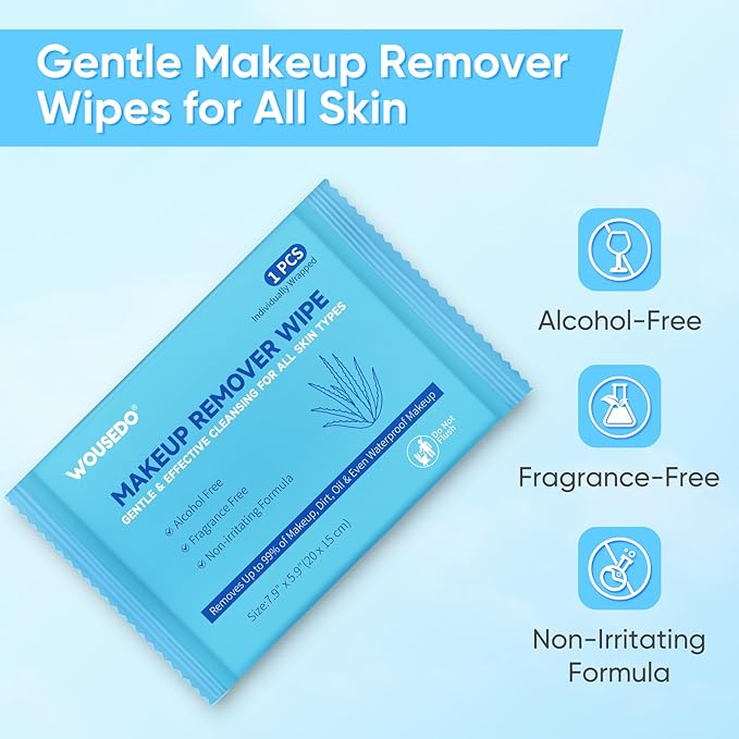 48 Count Makeup Remover Wipes, Bulk Gentle Cleansing Facial Towelettes, Individually Wrapped Travel Size,Alcohol-Free & Hypoallergenic for All Skin Types