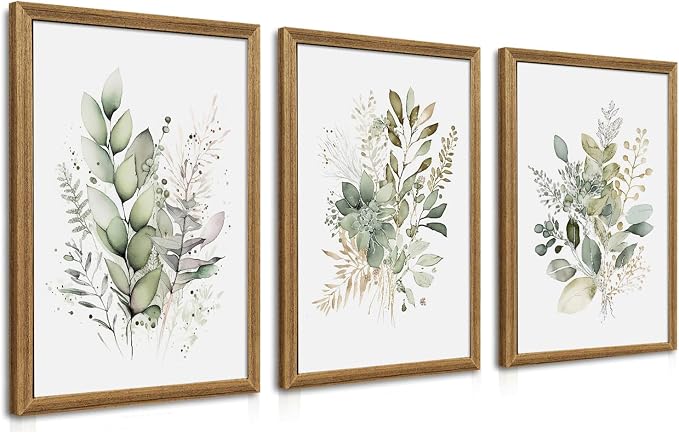 WRFON Framed Sage Green Botanical Wall Art Set of 3, Watercolor Eucalyptus & Wild Plant Canvas Prints, Minimalist Green Wall Decor for Living Room Bedroom Bathroom, 16x24 Inches