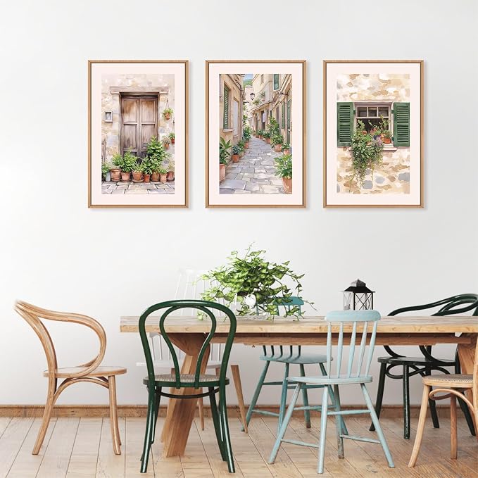 FWIEXA Italy Streets Travel Framed Wall Art Set, Green Botanical Wall Decor, Vintage Italian Style Countryside Villages Wall Print, Potted Plant Canvas Artworks, 3 Pieces Nature Landscape Painting for Bedroom, Office, Living Room