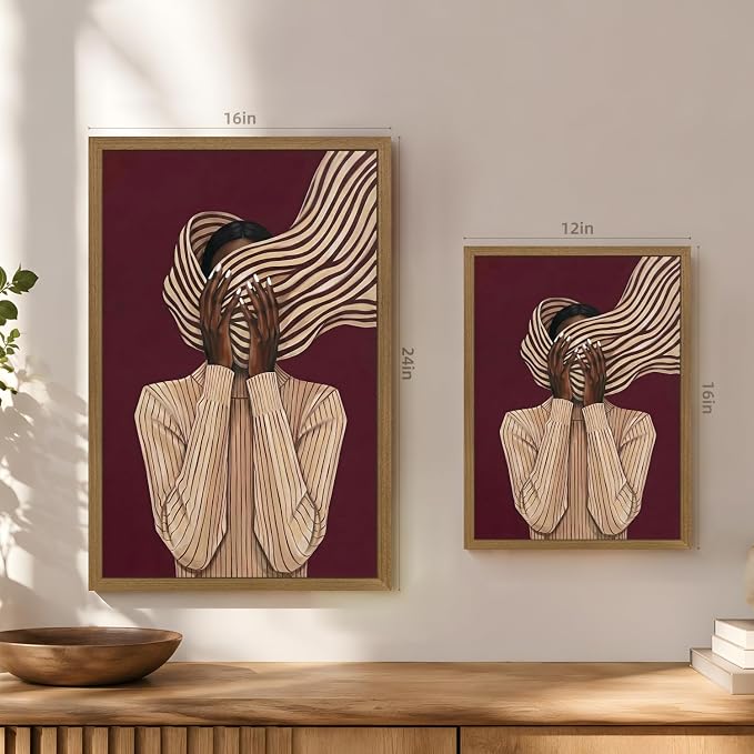 VziizV African American Woman Wall Art, Abstract Modern Portrait Canvas Print, Minimalist Striped Fashion Artwork, Contemporary Black Woman Decor for Living Room Bedroom Wood Framed 12x16 Inch