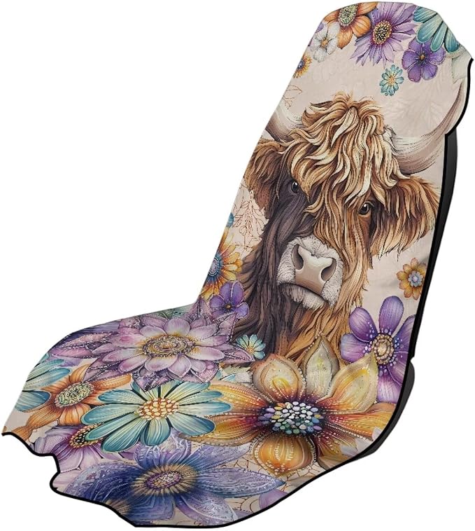 INSTANTARTS Aesthetic Dahlia Highland Cow Towel Car Seat Covers Sports Car Towel Mat for Yoga and Travel
