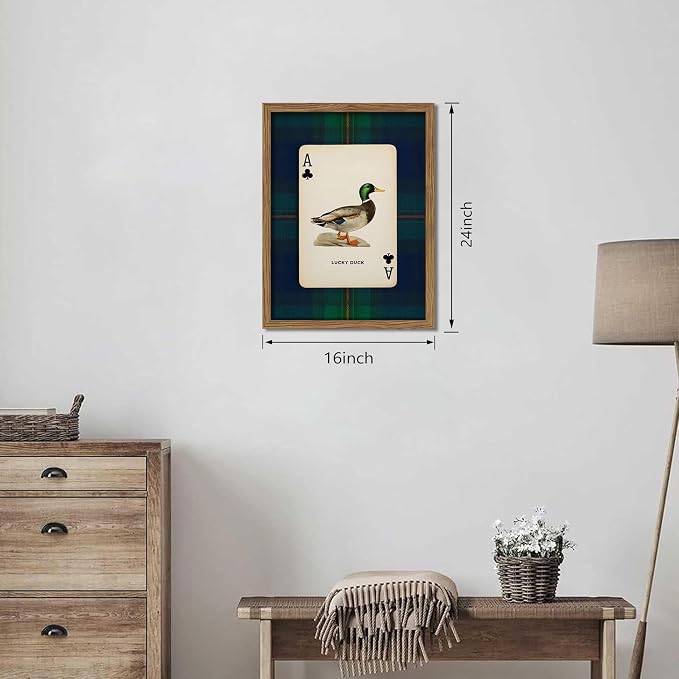 Framed Vintage Mallard Duck Wall Art, Country Lucky Duck Wildlife Poker Wall Decor Painting, Nature Rustic Farmhouse Hunting Canvas Prints Pictures for Living Room Bedroom 16x24 Inch