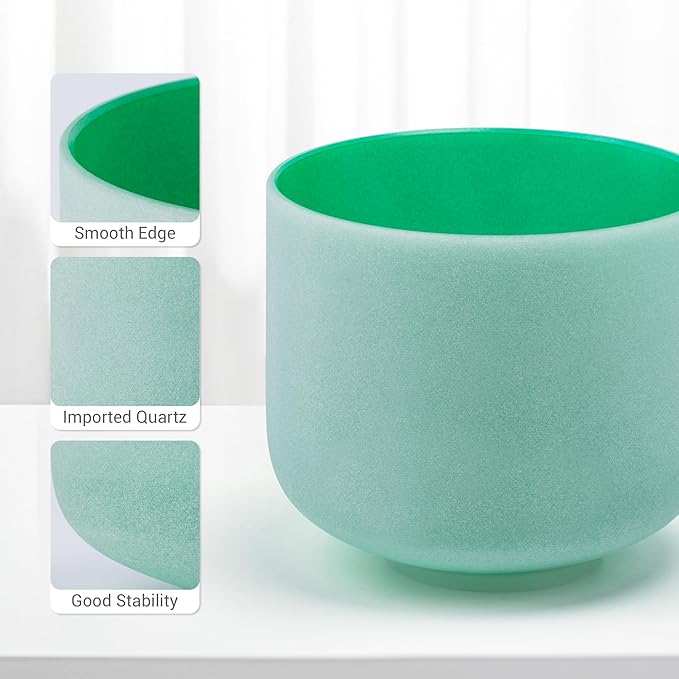 432hz 8 inch Green F Note Heart Chakra Quartz Crystal Singing Bowl with Resonance Striker for Healing Mindfulness Meditation Yoga Sound Baths