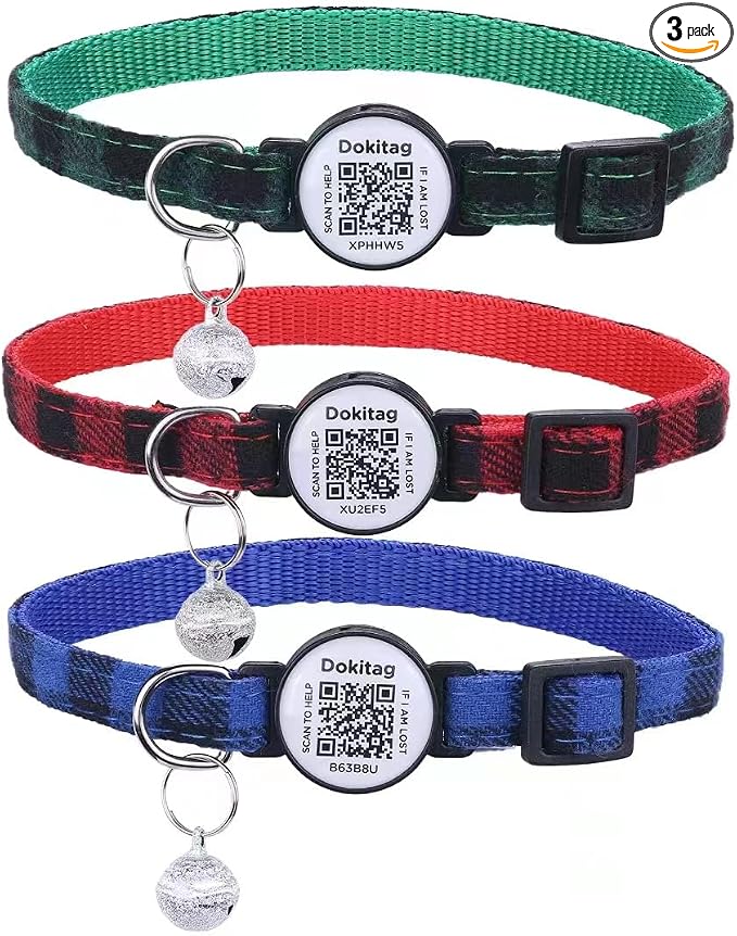 3pack Cat Collar Breakaway with QR Code Name Tag,Pet ID Tag,Collar with Bells,Scan QR Receive Instant Pet Location Alert Email (Green & Red & Blue)