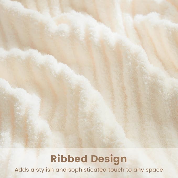 Snuggle Sac Fluffy Ribbed Cream Blanket Twin Size, Soft Luxurious Knit Throws, Fuzzy Plush Microfiber Blankets for Couch, Sofa, Bed, Cream, 60x80 inches