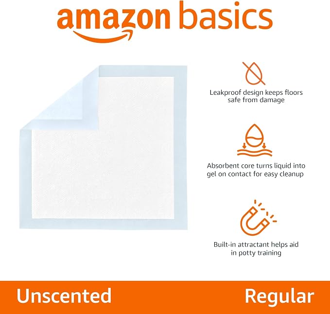 Amazon Basics Disposable Dog Training Pads with 5-Layer Leak-Proof Design, Quick-Dry Surface, Regular, 22 x 22 Inches, 30-Pack
