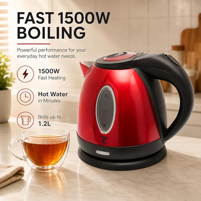 Moss & Stone 1.2L Stainless Steel Small Electric Kettle Red Color, Cordless 1500w Fast Boiling Pot, Portable Hot Water Electric Tea Kettle With Boil Dry Protection & Auto Shut-Off
