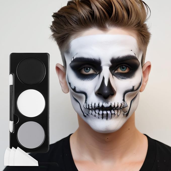 Black White Light Grey Face Paint + 3PCS Sponge + Brush,3 Colors Gray Body Paint Palette for Zombie Skeleton Vampire Cosplay,Skull Black White Halloween SFX Makeup Kit,21g