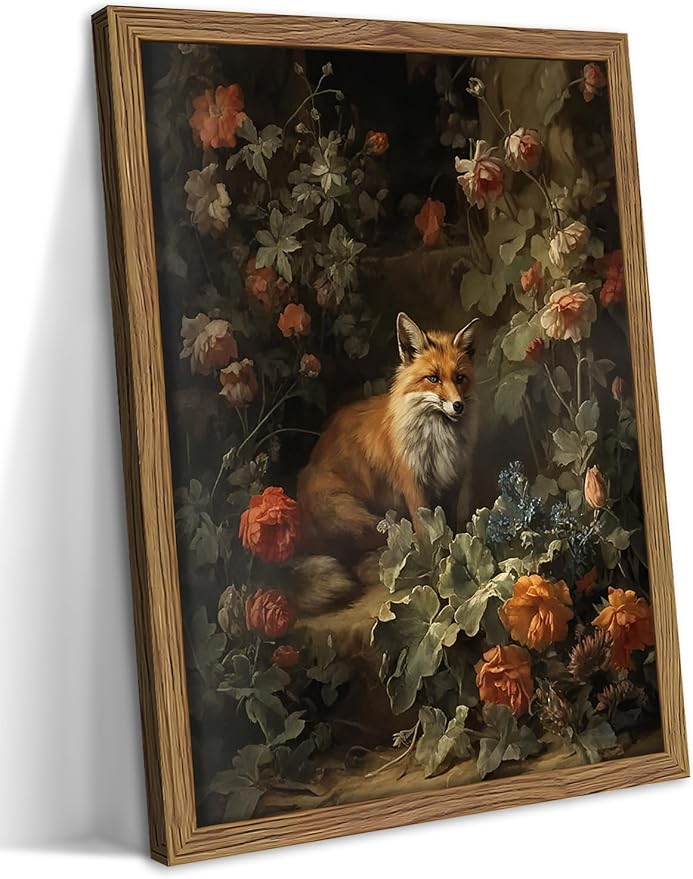 Framed Dark Academia Fox Canvas Wall Art, Sitting Fox Surrounded by Flowers, Elegant Vintage Botanical Poster, Fine Art Print for Living Room Bedroom Study – Dark Wooden Frame 12x16in