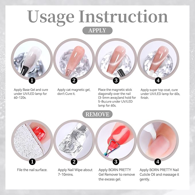 Born Pretty Cat Magnetic Eye Gel Nail Polish,15ML Water Light Silver Magnetic Gel Polish Silver White Jelly Glass Crystal Nail Polish Glitter Shimmer Auroras Gels Nail