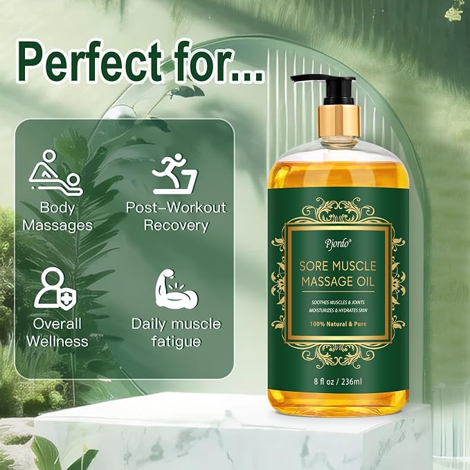 Pjordo Sore Muscle Massage Oil for Massage Therapy, 8 FL OZ Natural Body Massage Oil with Lavender Oil, Arnica & Chamomile Extract, Soothes Muscle and Joint for Professional & Home Use