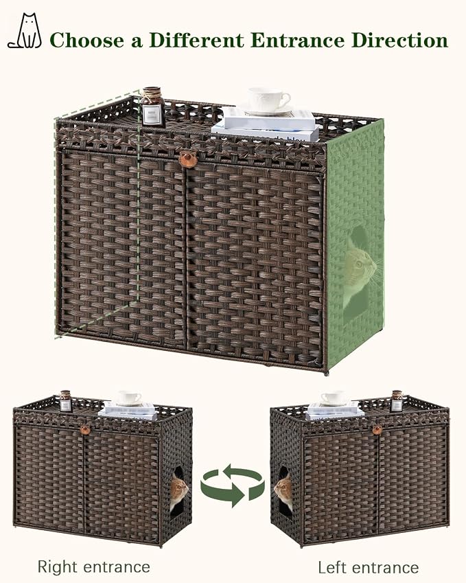SETVSON Cat Litter Box Enclosure Furniture, Handwoven PE Rattan, Brown | Large Double-Door PE Rattan Kitty House, Fits Large Covered Litter Boxes, 2 Litter Mats, 2 S-Hooks, Metal Frame