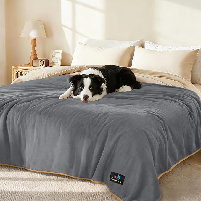Luciphia Waterproof Blanket for Large Dog, Reversible Sherpa Couch Cover | waterproof pet blanket sherpa fleece reversible couch cover bed protector car from spills scratches, Grey+Beige 85" x 57"