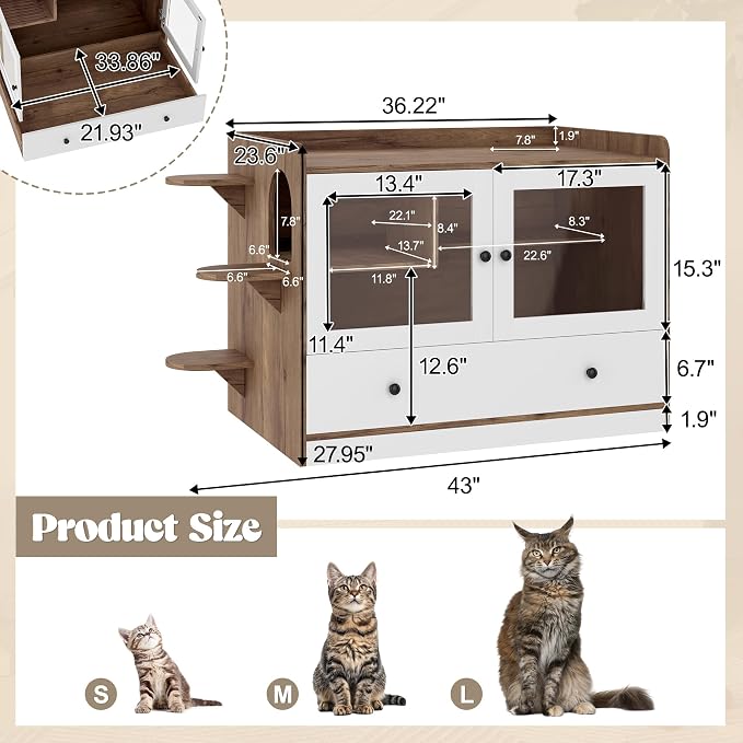 Hidden Cat Litter Box Enclosure Furniture with Drawer and Stairs, Wooden Cat House Washroom with Glass Door, Litter Cabinet Side Table for Bedroom Living Room, Brown White