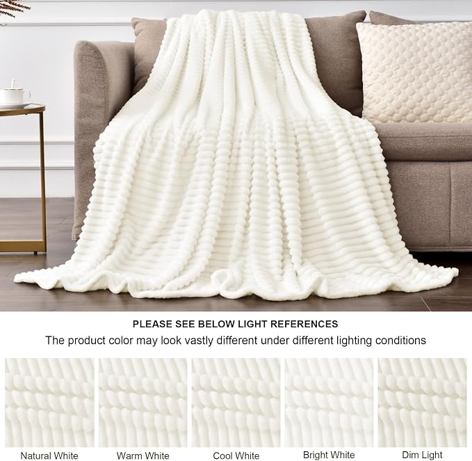 BEDELITE 3D Ribbed Jacquard Cream Full Size Blankes for Bed, 84x90 Inch | Soft Warm Decorative Fluffy Blanket, Cozy Fuzzy Lightweight Plush Fleece Throw Blankets for Bed, Room Decor, Gift for Women
