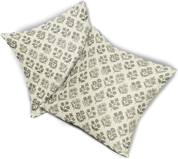 Olive Green Floral Pillow Covers 16x16 Inch Set of 2, Vintage Flower Block Print Pattern Decorative Throw Pillowcases Outdoor Farmhouse Cushion Covers Spring Summer Rustic Sofa Couch Bed Decor