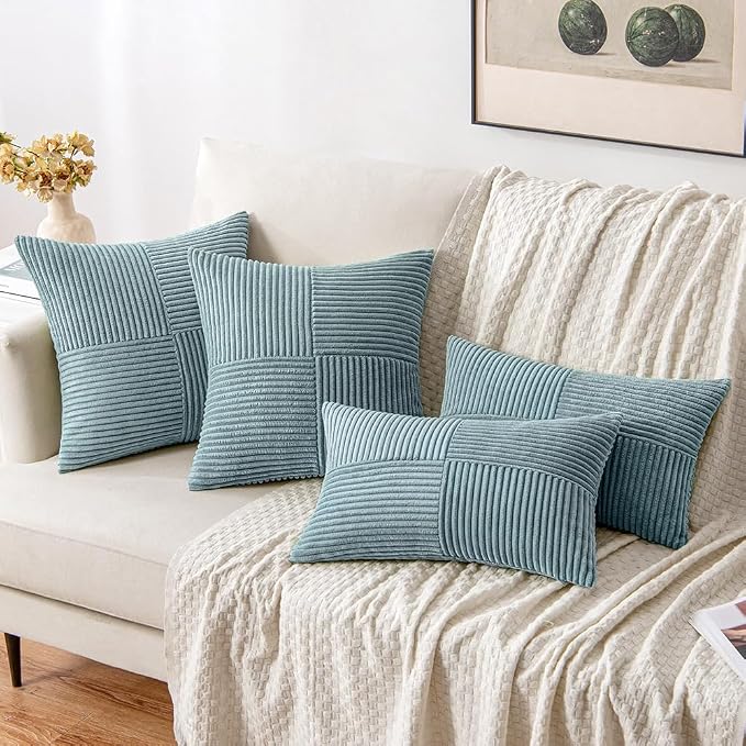 MIULEE Slate Blue Decorative Throw Pillow Covers for Couch 16x16 Inch | 2 Pack, Boho Farmhouse Pillow Covers, Soft Cross Corduroy Patchwork Textured Cushion Cases For Bed Sofa