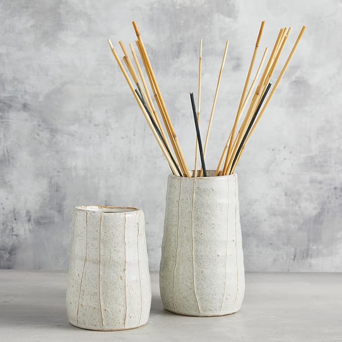 47th & Main Tall Textured White Glazed Ceramic Planter Vase for Flowers Small Plants and More, Large, Stripes