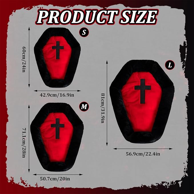Gothic Coffin Cat Bed for Large Cats, Washable, Size: Large | Fits cats up to 25 lbs. Size: 32" x 22". Color options: Red & Black. Soft fabric, ideal Halloween decor.
