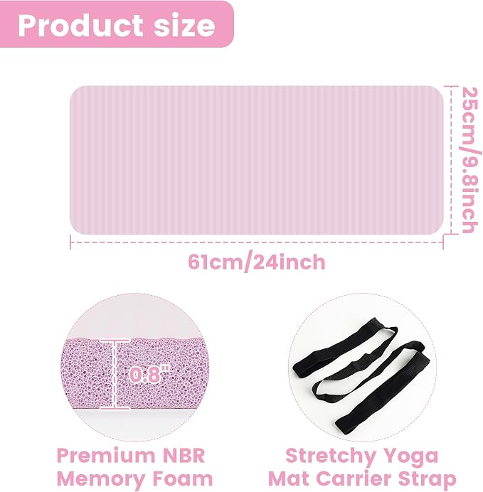Yoga Knee Pad Cushion, 24 x 9.8 x 0.8 in Thick Mini Yoga Mat, Odor-Free NBR Workout Mat with Storage Strap, Small Exercise Mat for Yoga, Pilates, Kneeling, Planks & Home Gym