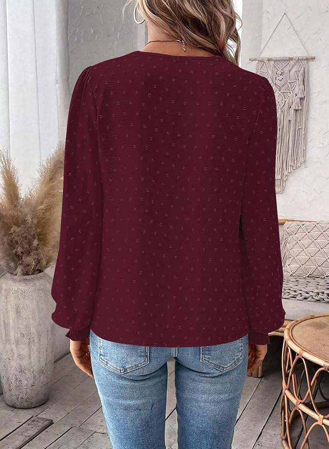Womens Tops Swiss Dot Boho Long Sleeve Shirts V Neck Casual Chiffon Blouses Flowy Lace Hem Cute Clothing Trendy 2026