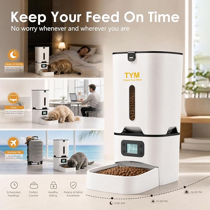 Automatic Cat Feeder 7L, 9 Meals/Day Food Dispenser for Cats Small Dog Pet | Large Capacity | NO APP | Programmable Timer | Weight / Diet Control | Stainless Steel Bowl | Fresh Food | Dual Power Supply