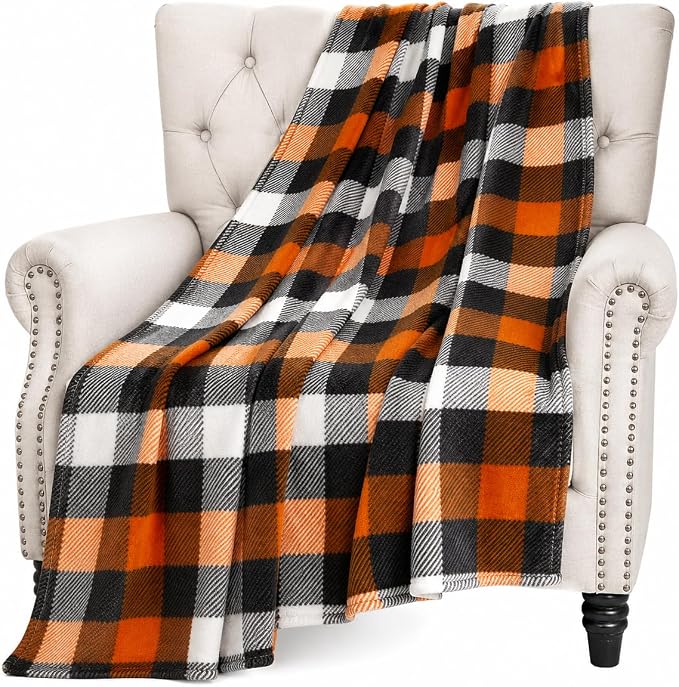 Fall Soft Fleece Throw Blanket, Orange Black White Plaid, 50x70 Oversized | Warm Cozy Fabric , Farmhouse Harvest Colors, For Living Room Sofa Couch Bed Chair Dorm Outdoors, Seasonal Gift or Home Décor