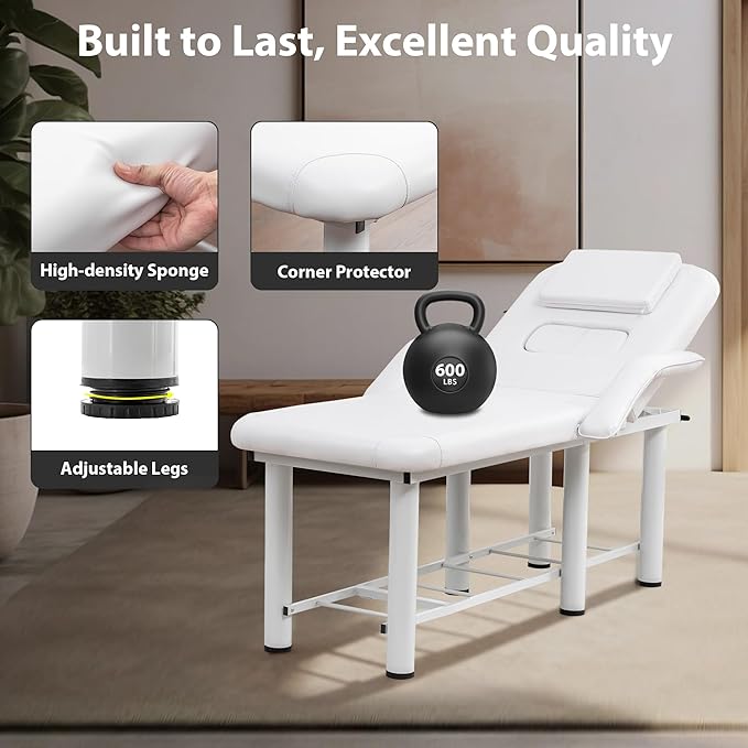 Professioanl Massage Table w/Adjustable Backrest for Treatment Table Spa Facial Bed Barber Beauty Equipment, Metal Frame PU Leather, Armrests Removable Headrest Salon Bed, White