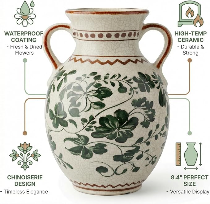EFISPSS Ceramic Vintage Vase Decorative Spring Decor Chinese Crackle Floral Handle for Dining Room Living Room Green