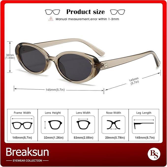 Breaksun Retro Oval Sunglasses for Women Men Fashion Small Oval Sunglasses 90s Vintage Shades