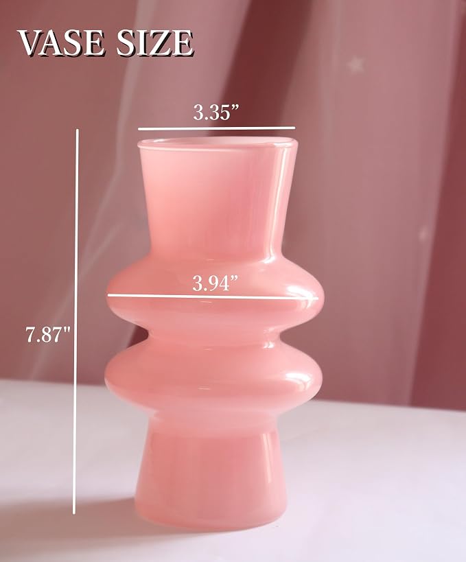 JSPYFITS Modern Glass Vases, 7.87" Tall Four-Layer Book Vase Bubble Flower Vases Decorative for Home Decor, Pink Glass Table Vase for Wedding Housewarming Gift