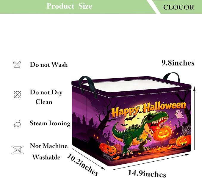 CLOCOR Rectangular Storage Basket Empty,Gift Basket,Waterproof Storage Bin with Handles,Room Decor(Dinosaur Pumpkin Halloween)