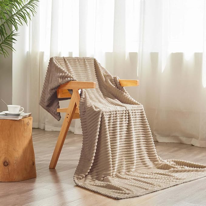 Vessia Flannel Fleece Twin Blanket for Couch,Sofa,Bed, 300GSM Striped 60x80inch Camel Blanket for Adults and Kids, Super Soft Warm Cozy Lightweight Ribbed Brown Throw for All-Season