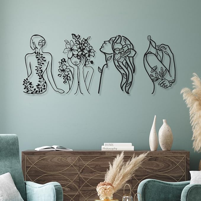 Photect 4 Pieces Metal Wall Art Decor Black Single Line Art Drawing Minimalist Abstract Female Woman Wall Sculptures Hanging Decor Accents for Bathroom Living Room(Modern)