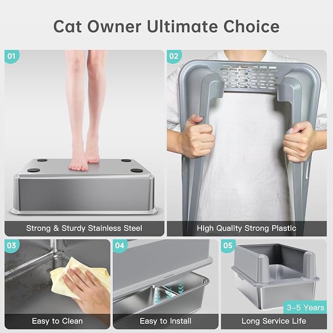 WoofiGo Enclosed Stainless Steel Cat Litter Box with Lid, XL Extra Large Litter Box for Big Cats, Metal Litter Pan High Sided, Never Absorbs Odors, Anti-Urine Leakage, Include Scoop (SH-Light Gray)