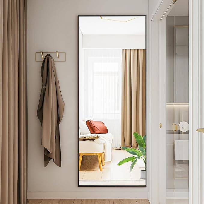 DUMOS 15"x56" Full Length Floor Mirror, Full Body Mirror | Free Standing or Wall Mount, Nano Glass Aluminum Frame, Hanging or Leaning, Modern Simple Home Decor, Black