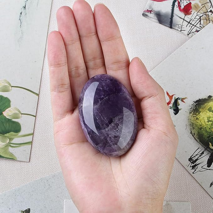 DUQGUHO Amethyst Crystal Stone 2.4'' Purple Palm Stone Natural Healing Crystal Gemstone Worry Stone Energy Balancing Polished Stones Blessing Gifts Boho Pocket Stone 1PCS