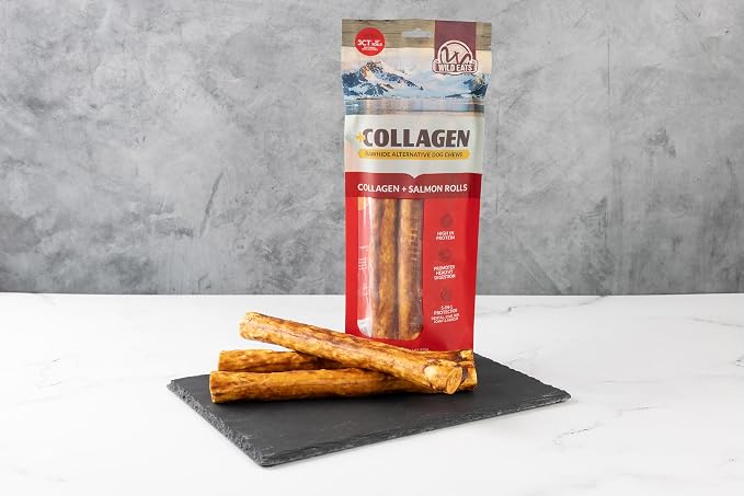 Wild Eats Salmon Flavor Collagen Cheek Roll Chew 10" 3pk Pig Ear Substitute | Long lasting treats and bones for medium dogs, retriever style texture, 3 per bag, satisfies natural gnawing urges daily