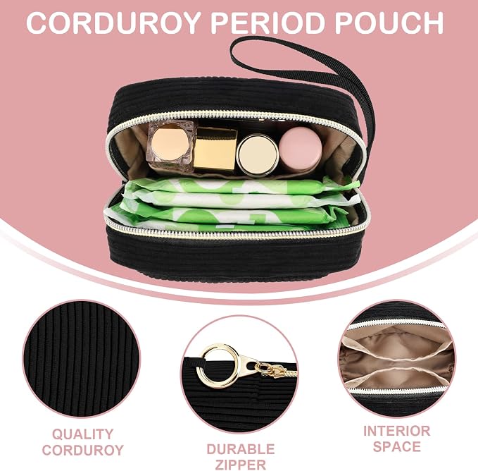 Corduroy Period Pouch with Strawberry Charm Discreet Sanitary Napkin Storage Bag Cute Menstrual Pad Pouch Tampon Bag for Purse Wristlet Makeup Bags Black