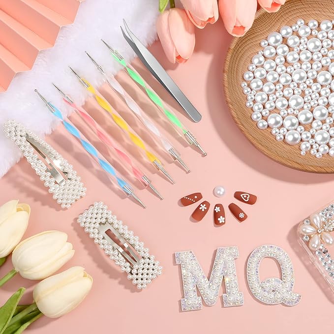 Mckanti 11176pcs Nail Pearls for Nail Art, 8 Mixd Sizes (2/3/4/5/6/8/10/12mm) Flatback Pearls Half Round Pearl Beads Loose Beads with 5 Dotting Pens and 1 Tweezer for DIY Crafts Nail Art Making