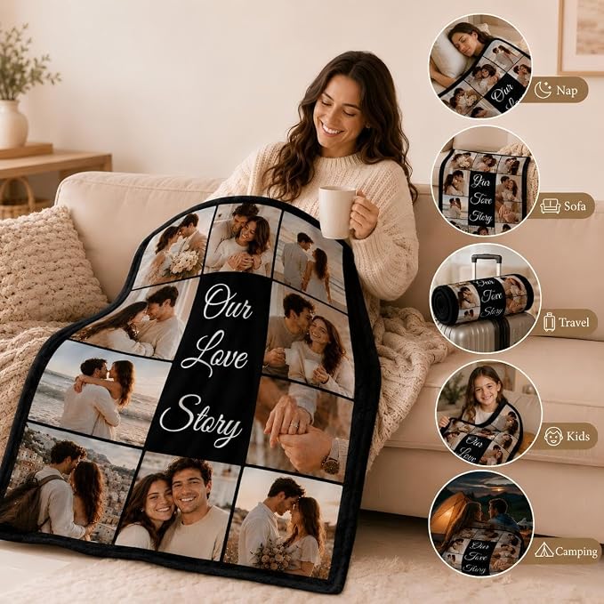iDIY Custom Blanket with Pictures and Text, Made in USA, Ships Next Day, 10 Photo Collage Personalized Throw, Custom Photo Blanket Gifts for Couples & Family, Anniversary Birthday Valentine's Day