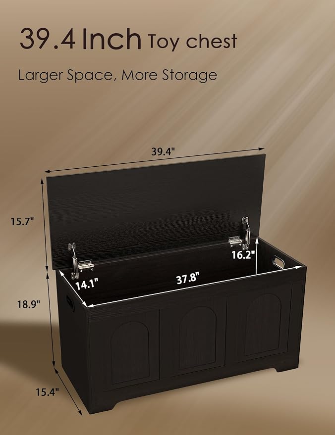 Storage Chest, Wooden Toy Box, Espresso 39.4" L | Entryway Shoe Bench, 2 Soft-close Hinges, Finger-safe Flip-Top Lid, Easy Assembly, Farmhouse Large Trunk, Living Room/Bedroom