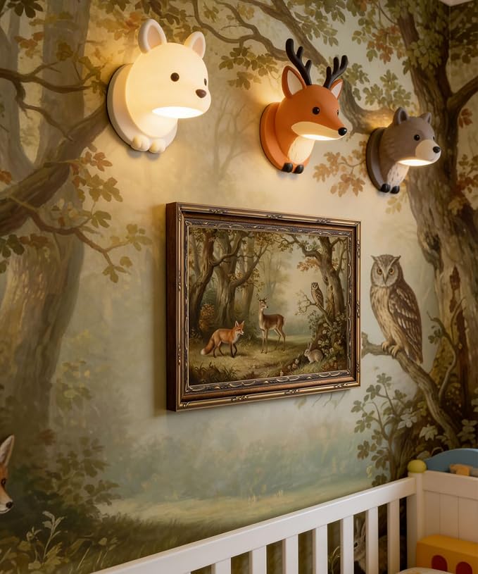 Vintage Gold Framed Wall Art Moody Woodland Animals Wall Art Whimsical Forest Deer Fox Rabbit Owl Wall Decor Picture Cottagecore Rustic Nature Landscape Poster Print for Living Room Bedroom 12x16in