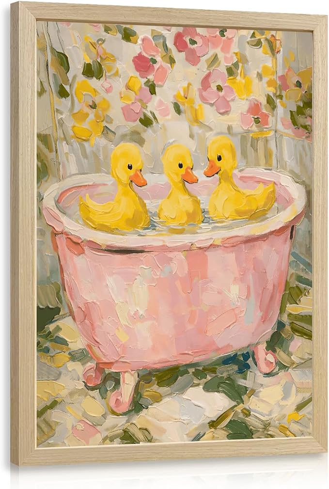 VziizV Cute Duck Bathroom Wall Art, Vintage Pink Bathtub Ducklings Decor, Cottagecore Farmhouse Floral Canvas Print, Whimsical Animal Bathroom Artwork for Nursery Kids Room Wood Framed 16x24 Inch